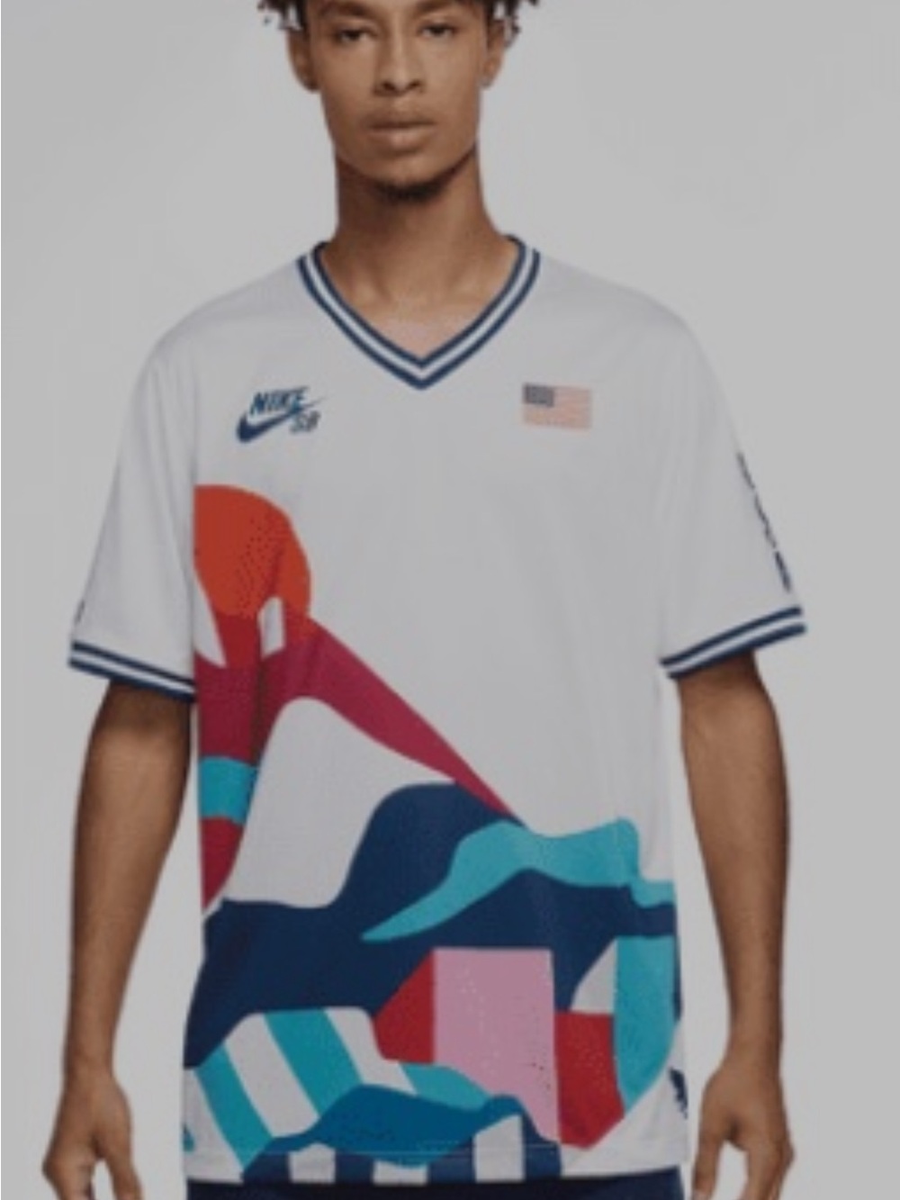 Nike White V-Neck Graphic Athletic Jersey with Multi-Color Wave Print